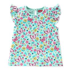Babyhug 100% Cotton Frill Sleeves Tops with Floral Graphics Pack of 3 - Purple Green & Yellow