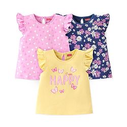 Babyhug 100% Cotton Knit Frill Sleeves Tops with Floral Graphics Pack Of 3 - Pink Navy Blue & Yellow
