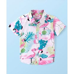 Babyhug 100% Cotton Woven Half Sleeves Regular Collar Shirt With Flamingo Print- Multicolor
