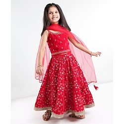 Babyhug Woven Sleeveless Choli & Lehenga Set with Dupatta Sequins & Embroidery Detailing - Red