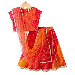 Babyhug Woven Half Sleeves Kotta Printed Choli & Lehenga Set with Dupatta & Border Detailing - Orange