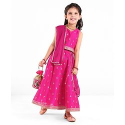 Babyhug Woven Sleeveless Choli With Lehenga & Dupatta Set Floral Embroidery - Pink