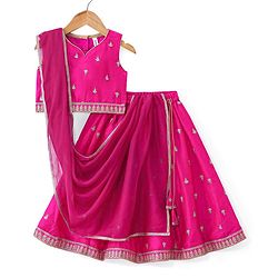 Babyhug Woven Sleeveless Choli With Lehenga & Dupatta Set Floral Embroidery - Pink