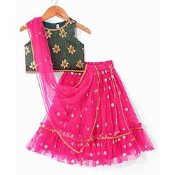Babyhug Woven Sleeveless Floral Printed Choli Lehenga Set With Dupatta - Pink