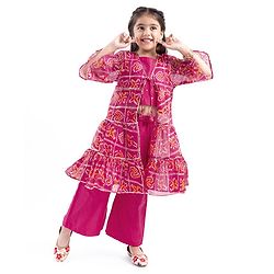 Babyhug Woven  Embroidered Top & Palazzo with Three Fourth Sleeves Printed Jacket - Fuschia Pink