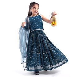 Babyhug Woven Sleeveless Embroiderd Choli Lehenga Set with Dupatta - Teal