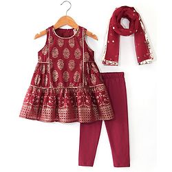 Babyhug Woven Sleeveless Gold Floral Printed Kurti Chudidar and Dupatta Set - Maroon