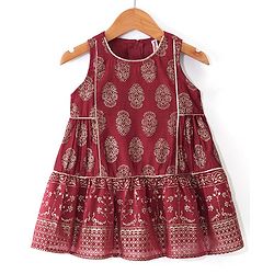 Babyhug Woven Sleeveless Gold Floral Printed Kurti Chudidar and Dupatta Set - Maroon