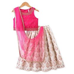 Babyhug Woven Sleeveless Embroidered Choli With Foil Printed Lehenga & Dupatta Set - White & Pink