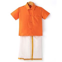 Babyhug Woven Half Sleeves Shirt & Mundu Set Solid Color - Orange