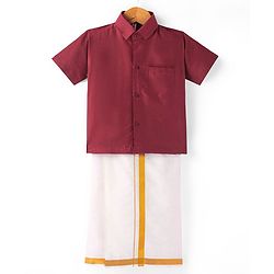 Babyhug Woven Half Sleeves Shirt & Mundu Set Solid Colour - Red