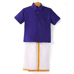 Babyhug Woven Half Sleeves Shirt & Mundu Set Solid Color - Blue