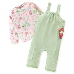 Babyhug Cotton Knit Dungaree with Full Sleeves Inner Tee Scenery Print - Pink & Green