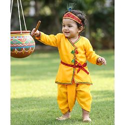 Babyhug Woven Full Sleeves Jamna Set with Forehead Cap & Waistband- Yellow