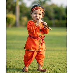 Babyhug Woven Full Sleeves Jamna Set with Forehead Cap & Waistband- Orange