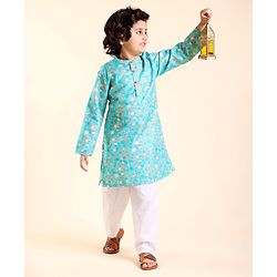 Babyhug Cotton Woven Full Sleeves Kurta Pyjama Set Printed - Blue & White