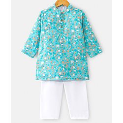 Babyhug Cotton Woven Full Sleeves Kurta Pyjama Set Printed - Blue & White