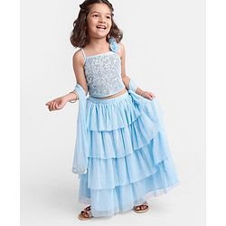 Babyhug Sleeveles Sequenced Choli with Shiimer Net Tiered Lehenga and Dupatta Set - Blue