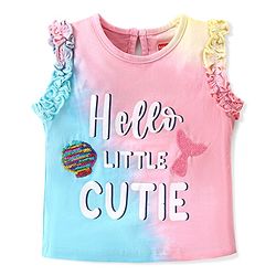 Babyhug Cotton Knit Sleeveless Tie & Dye Top with Text Print & Sequins- Pink & Blue