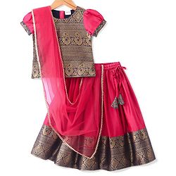 Babyhug Half Sleeves Choli & Pattu Pavada Lehenga  with Dupatta Set Foil Printed - Fuchsia