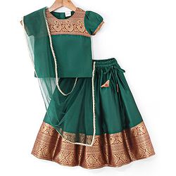 Babyhug Half Sleeves Choli & Pattu Pavada Lehenga  with Dupatta Set Foil Printed - Green