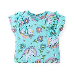 Babyhug Cotton Knit Half Sleeves Top with Unicorn Graphics Print - Light Blue