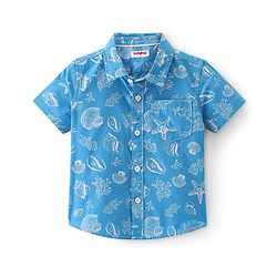 Babyhug Cotton Woven Half Sleeves Shirt Sea Theme  Print- Blue