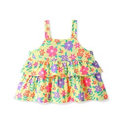 Babyhug 100% Cotton Knit Sleeveless Top with Smocking and Floral Print - Multicolour