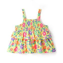 Babyhug 100% Cotton Knit Sleeveless Top with Smocking and Floral Print - Multicolour