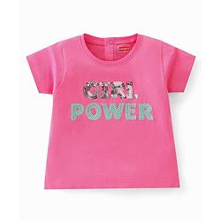 Babyhug 100% Cotton Half Sleeves T-Shirt with Graphics & Sequins Detailing- Pink