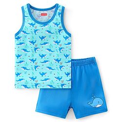 Babyhug 100% Cotton Knit Sleeveless Sando & Shorts Set Shark Print -Blue