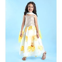 Babyhug Singlet Sleeves Mirror Embroidered Choli with Printed Lehenga & Net Jacket Set - White & Yellow