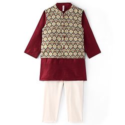 Babyhug 100% Cotton Woven Full Sleeves Kurta & Pajama Set with Floral Printed Jacket - Maroon