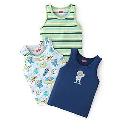 Babyhug 100% Cotton Sleeveless Sando Astronaut Print Pack Of 3 - Green & Blue