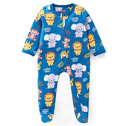 Babyhug Cotton Interlock Knit Full Sleeves Footed Sleep Suit Jungle Safari Theme - Blue