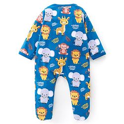 Babyhug Cotton Interlock Knit Full Sleeves Footed Sleep Suit Jungle Safari Theme - Blue