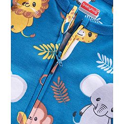 Babyhug Cotton Interlock Knit Full Sleeves Footed Sleep Suit Jungle Safari Theme - Blue