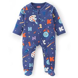 Babyhug Cotton Knit Full Sleeves Footed Sleep Suit Alphabet Print  - Navy Blue