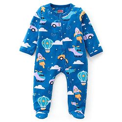Babyhug Interlock Knit Full Sleeves Footed Sleepsuit With Vehicle Print   - Navy Blue