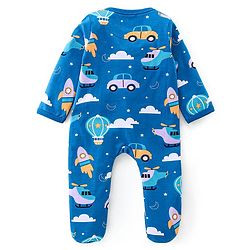 Babyhug Interlock Knit Full Sleeves Footed Sleepsuit With Vehicle Print   - Navy Blue