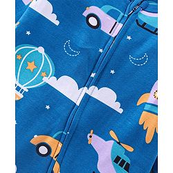 Babyhug Interlock Knit Full Sleeves Footed Sleepsuit With Vehicle Print   - Navy Blue