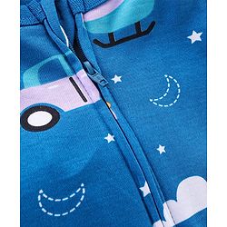 Babyhug Interlock Knit Full Sleeves Footed Sleepsuit With Vehicle Print   - Navy Blue