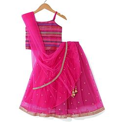 Babyhug 100% Cotton Knit Singlet Sleeves Brocade Choli with Sequin Lehenga & Dupatta Set - Fuschia