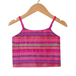 Babyhug 100% Cotton Knit Singlet Sleeves Brocade Choli with Sequin Lehenga & Dupatta Set - Fuschia
