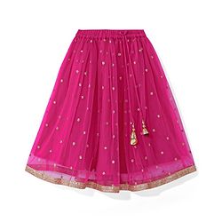 Babyhug 100% Cotton Knit Singlet Sleeves Brocade Choli with Sequin Lehenga & Dupatta Set - Fuschia