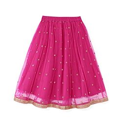 Babyhug 100% Cotton Knit Singlet Sleeves Brocade Choli with Sequin Lehenga & Dupatta Set - Fuschia