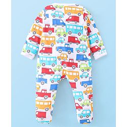Babyhug Cotton Knit Full Sleeves Sleepsuit with Car Print - White