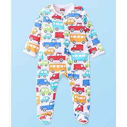 Babyhug Cotton Knit Full Sleeves Sleepsuit with Car Print - White