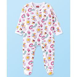 Babyhug Cotton Knit Full Sleeves Sleep Suit with Caterpillar Print - White & Pink