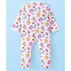 Babyhug Cotton Knit Full Sleeves Sleep Suit with Caterpillar Print - White & Pink